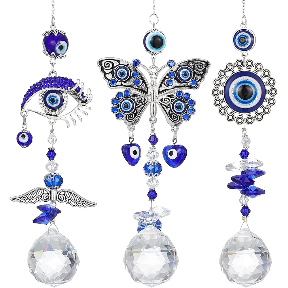 

3 Pcs Crystals Sun Catcher Turkish Eye Hanging Sun Catchers Beads Chain Sphere for Garden Christmas Day Wedding Window Decor