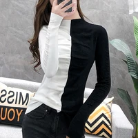 women fashion slim elastic warm pullover autumn 2021 spring turtleneck thick knit sweater blue red long sleeve patchwork jumper