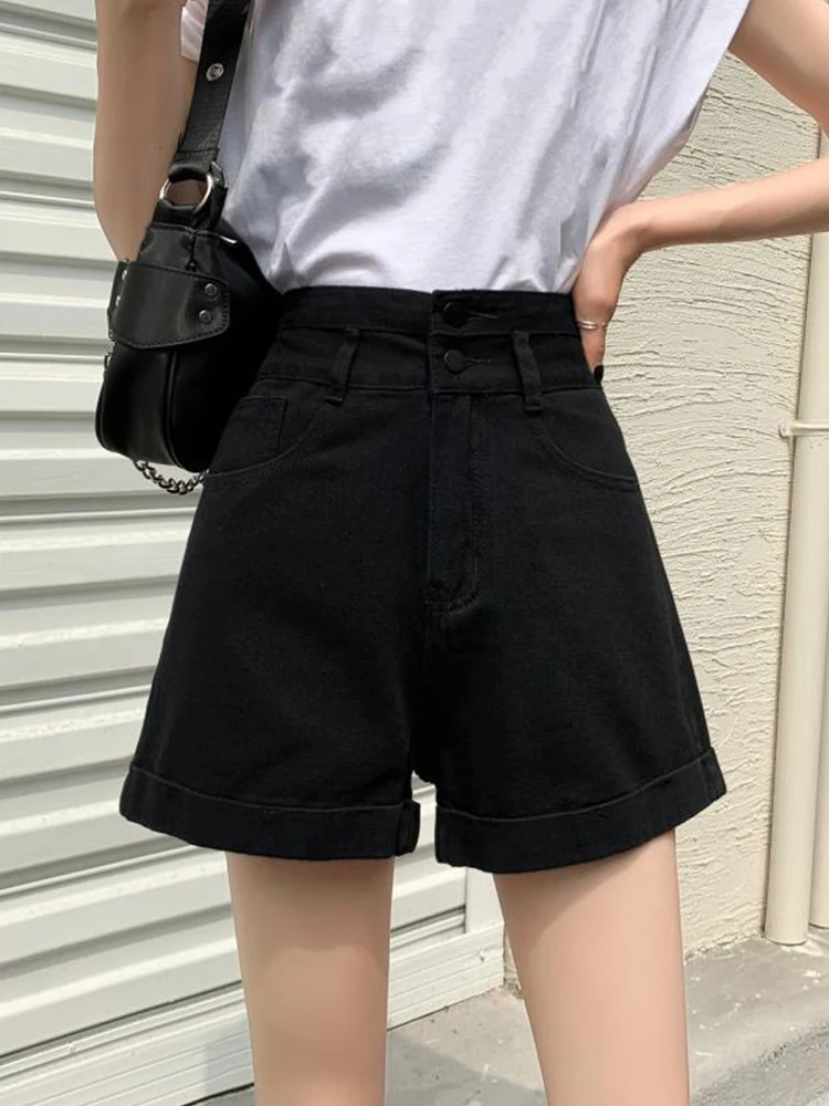 New Spring Summer Women High Waist Loose Black Denim Shorts Streetwear Female Single Breasted Jeans Shorts Bottoms
