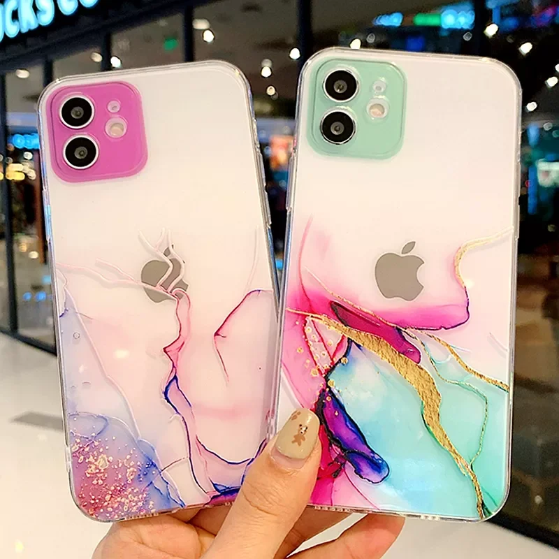 

Free Shipping For iPhone 13 Pro Max 12 Mini 11 X XR XS 7 8 6 6S Plus SE 2020 Marble Clear Soft Shockproof Cover Painting Phone C