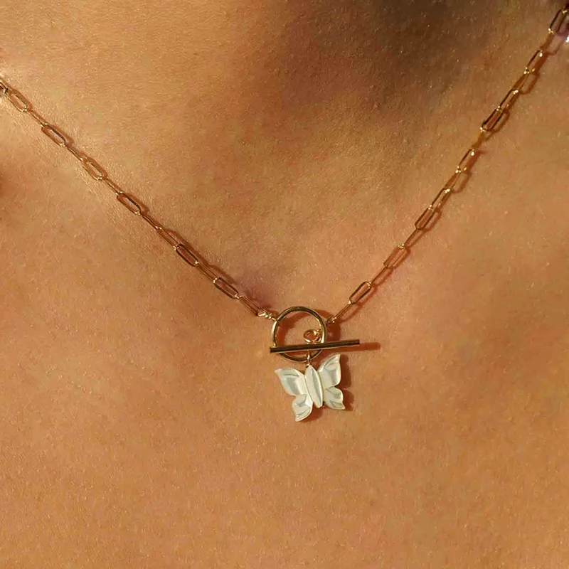 

OT Buckle Butterfly Necklace 14K Gold Filled Handmade Jewelry Choker Pendants Femme Kolye Collares Boho Shell Necklace for Women