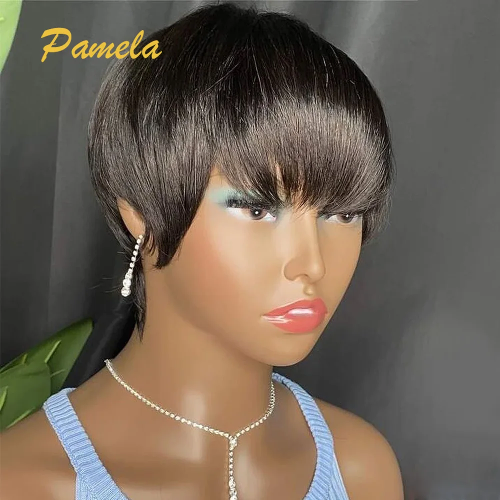 

Pixie Cut Wigs Brazilian Straight Short Bob With Bangs Human Hair Wigs Natural Color Full Machine Wigs For Women