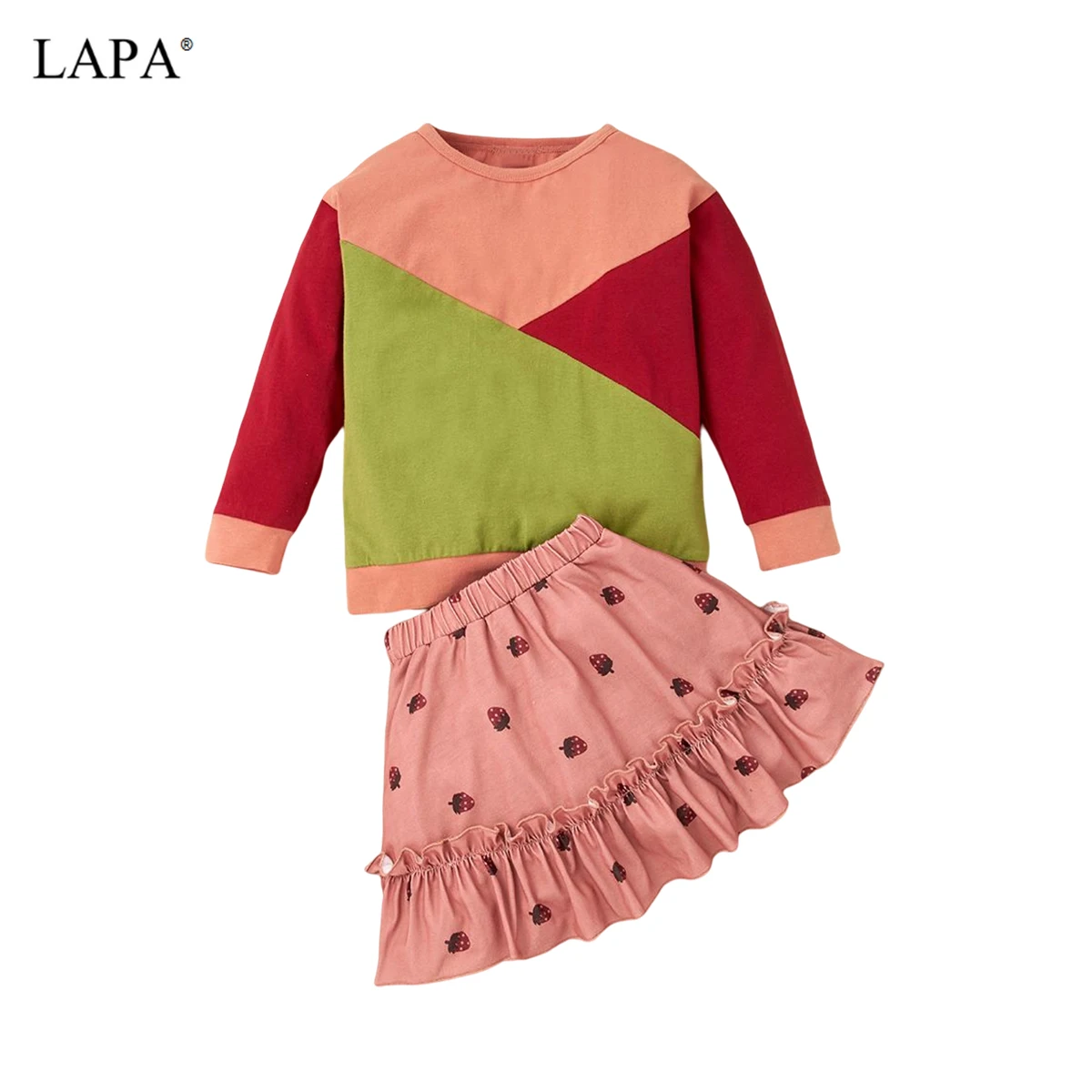 

LAPA 2 to 6 Years Girls Dress Set Crew Neck Cotton Casual Long Sleeve Outfits Autumn Spring Skirts Set Colorblock Clothing