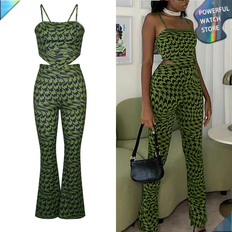 

Sexy Sleeveless Green Printed Midriff-baring Tank Top Set Women2023 Summer Outfits Wide Leg Pants Fashion Casual Two Piece Suit