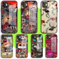 liquid tempered glass case for iphone 13 11 12 mini pro max xs xr x 7 8 6 plus se2 silicone cover protection japanese style art