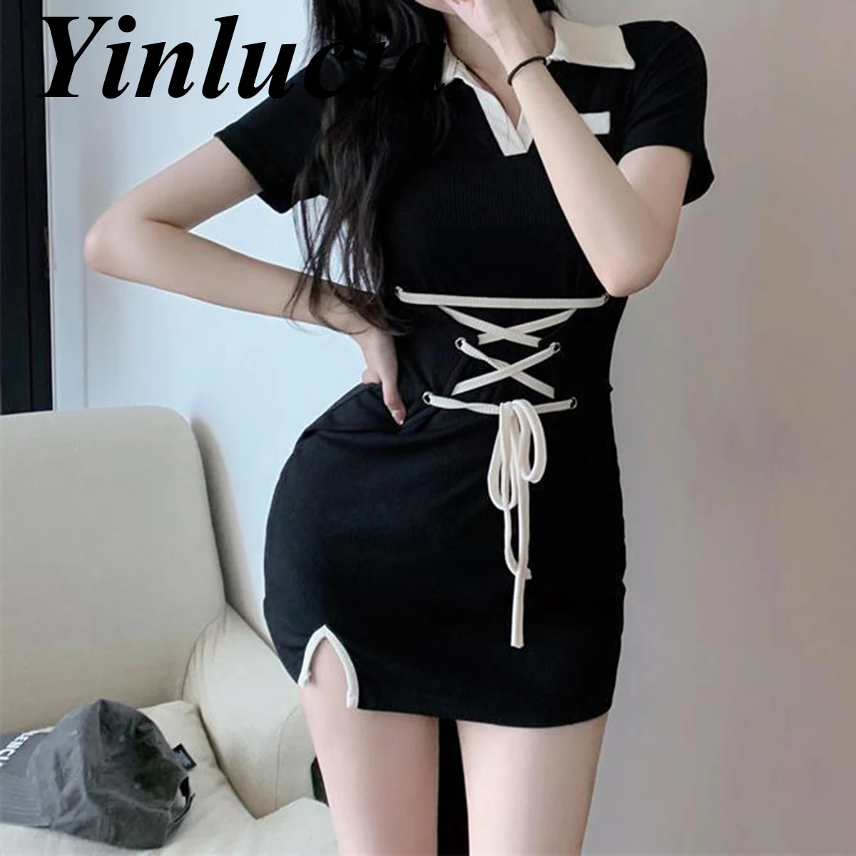 

Women Mini Dress Polo Neck Tie-In Waist Slim Hip Dress Contrasting Colors Casual Prom Vintage Y2K Bridesmaid Dresses Summer