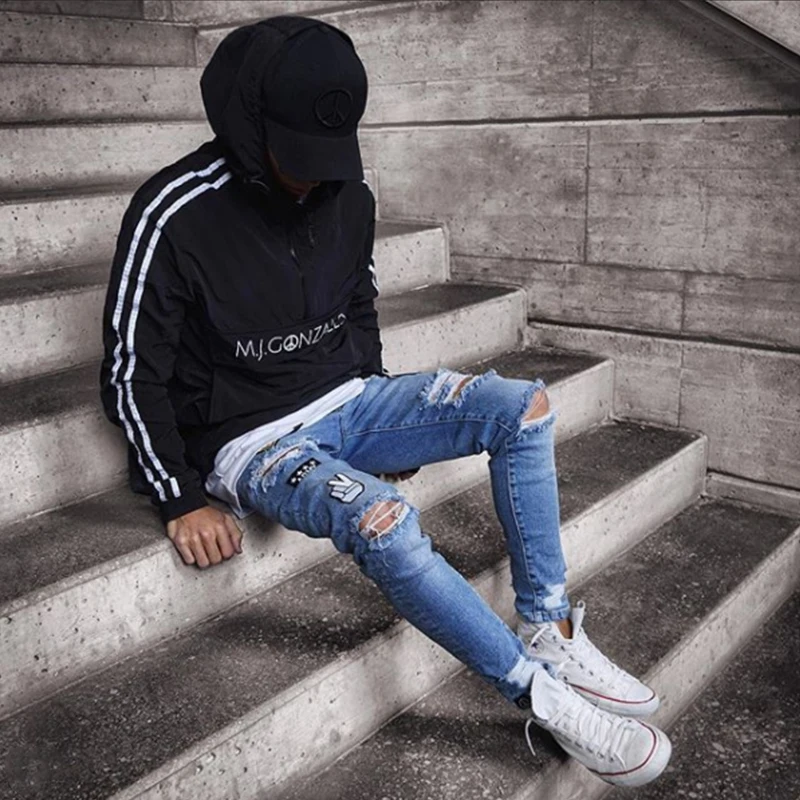 Black Jeans Men Stretchy Ripped Skinny Biker Embroidery Print Jeans Destroyed Hole Slim Fit Denim High Quality Hip Hop Pants