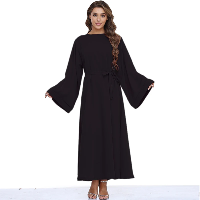 Maxi Dress Long Sleeves For Muslim Woman Summer With Belt O Neck Arabic Middle East Plus Size Eid Modest Islamic Dresses Ladies