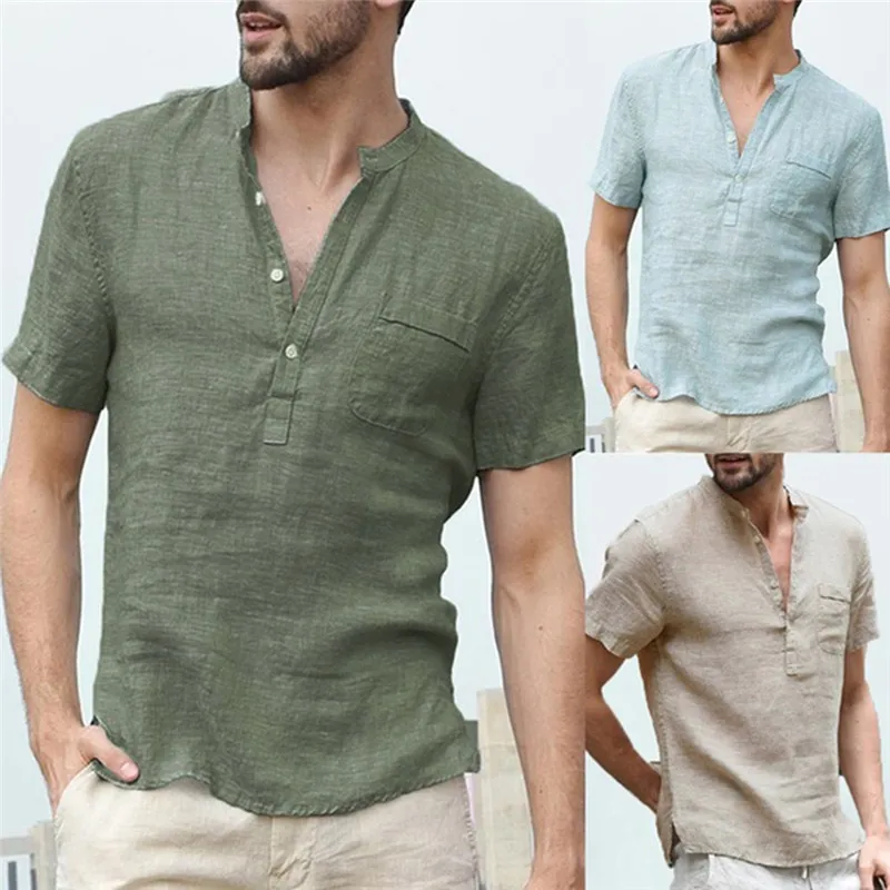 

2022 Summer Men's Flax Linen T-Shirt Casual V-Neck Button Down T-Shirts Slim Fit Cotton Linen Short Sleeve Basic Top