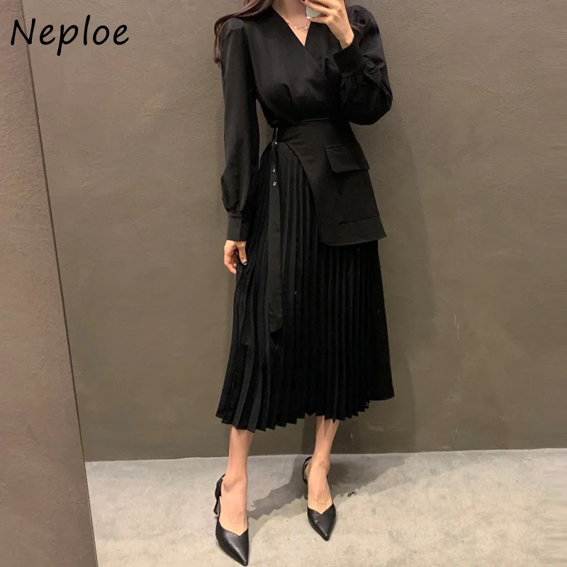 

Fashion Temperament Fake 2 Pcs Ol Dress Women High Waist Hip Sashes A Line Pleat Vestidos V Neck Long Sleeve Robe Spring