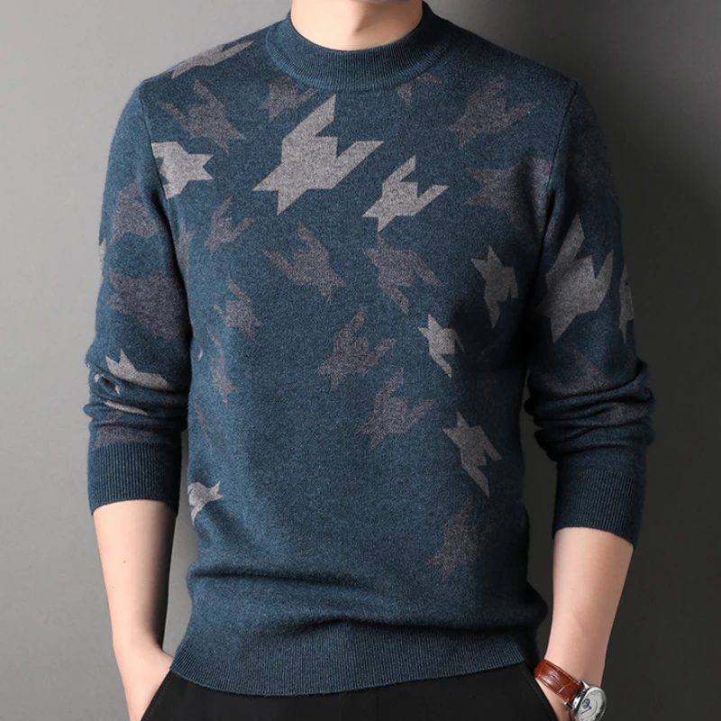 

Свитер Мужской Жаккардовый с геометрическим рисунком, роскошный пуловер с круглым вырезом и длинными рукавами, повседневный трикотажный свитер, 3XL