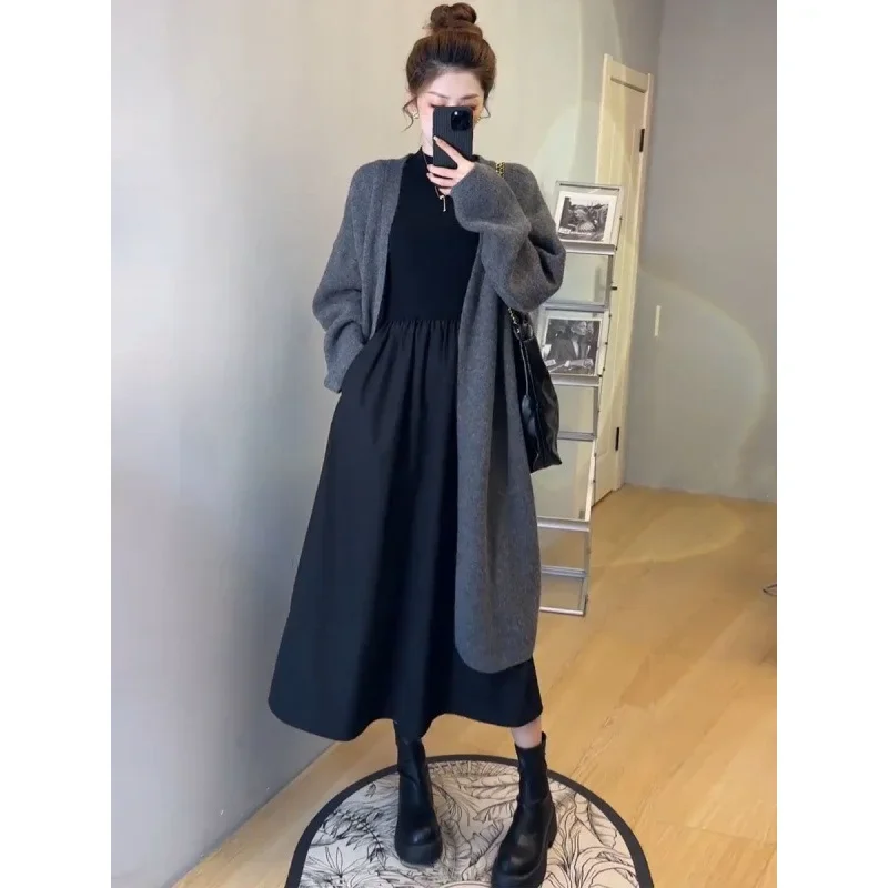 Женский весенний новый длинный свитер больших размеров куртка и черное платье