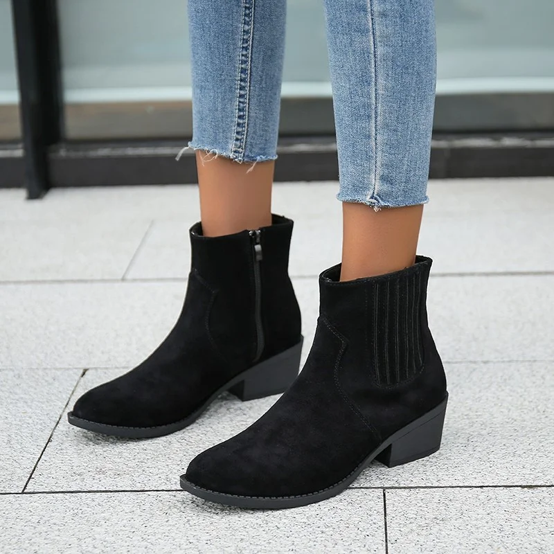 Plus Size 43 Women's Boots Suede Pointed Toe Ankle Boots Casual Mid Heel Shoes Ladies Autumn Winter Zip Up Shoes Botas Mujer New