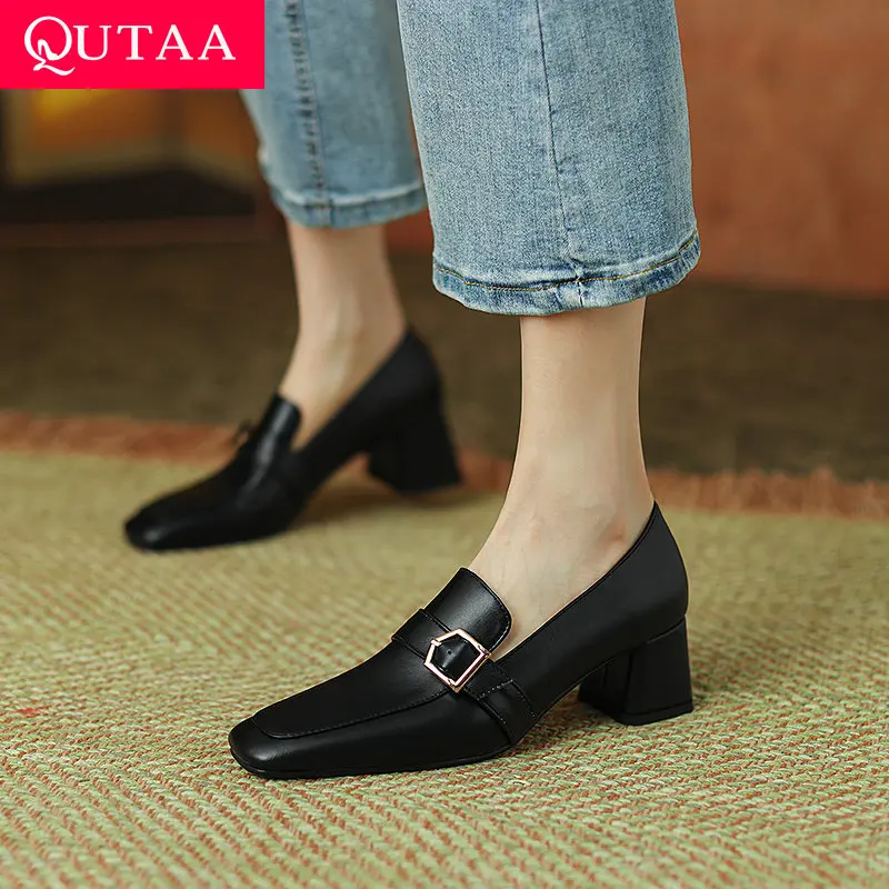 

QUTAA 2022 Women Pumps Square Med Heel Round Toe Loafers Shoes PU Leather Slip on Western Style Platform 5cm Size 34-43