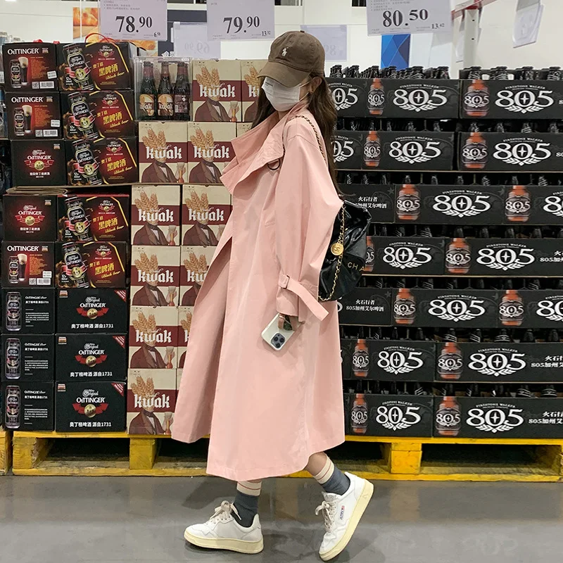 

SuperAen Sweet Pink Stand-up Collar Windbreaker Coat Women Long Spring and Autumn Loose Trench Coats