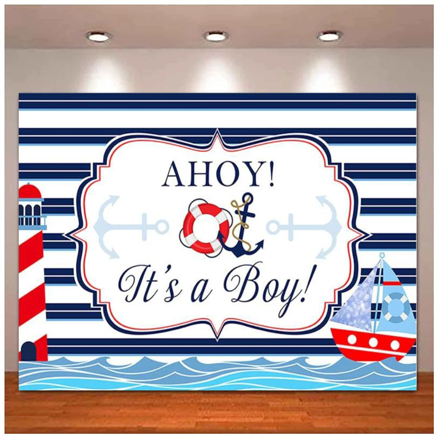 

Ahoy Nautical Boy Baby Shower Backdrop White Blue Stripes Marine Sea Lighthouse Ship Background Gender Reveal Party Decor Banner