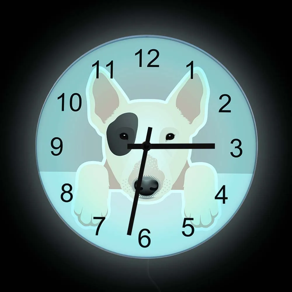 

Bull Terrier Dog Breed Night Light Wall Clock With Backlight Home Decor For Pet Shop Puppy Animal Silent Non-ticking Wall Clock