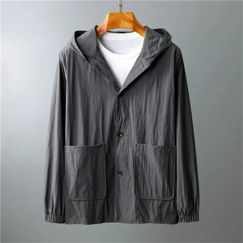 

Короткий Тренч с капюшоном для мужчин, повседневное свободное однотонное пальто в стиле Instagram, универсальный кардиган, верхняя одежда, весна-осень