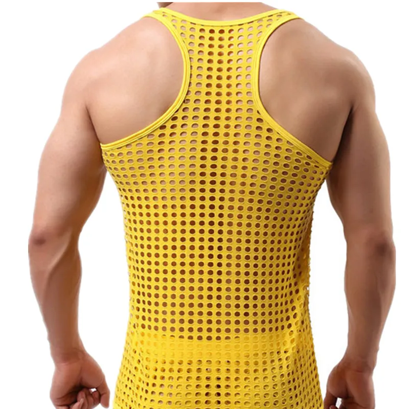 Sexy Mens Underwear Mesh Undershirts Hollow Out Breathable Sports Fitness Tank Tops See Through Gay Muscle T-shirts Sheer Vest