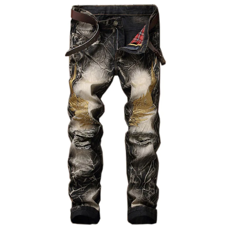 

European Denim New Embroidery Hole Men American Cotton And Wings Trousers Jeans Personality Retro Streetwear