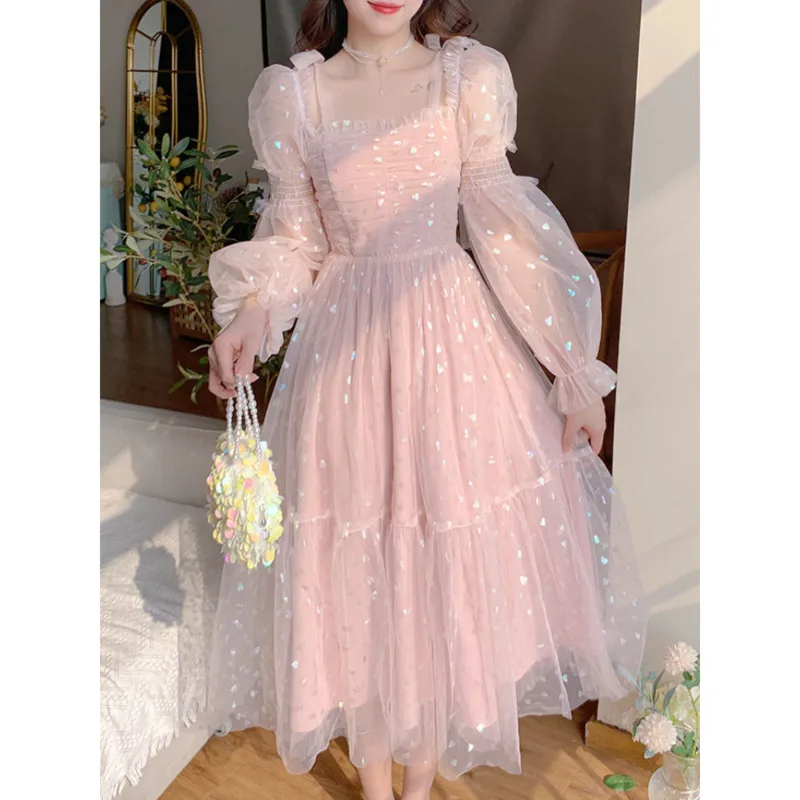 

Кружевное элегантное сказочное платье, женские розовые пикантные вечерние платья миди с блестками, женское повседневное милое платье в сти...