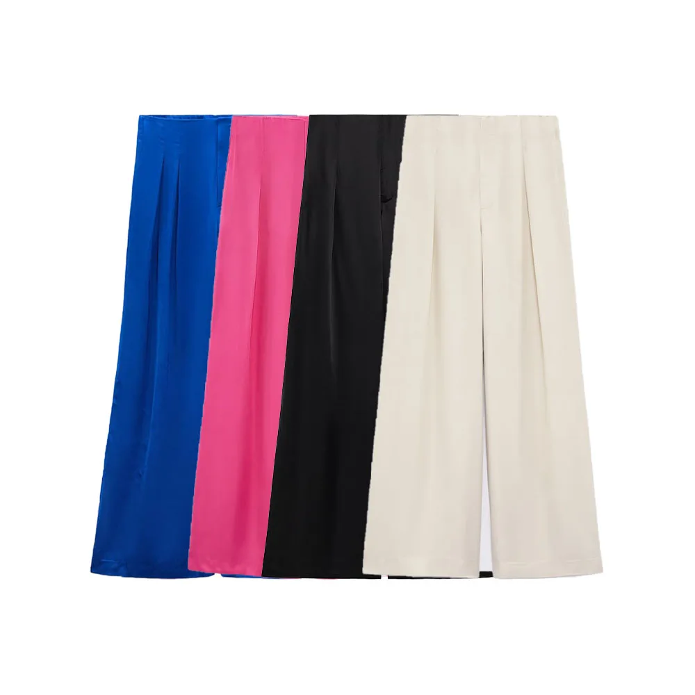 

Zach AiIsa New Women's Fashion Simple Front Pleated Design High Waist Pants Casual Pants Silk Satin Texture Wide Leg Pants