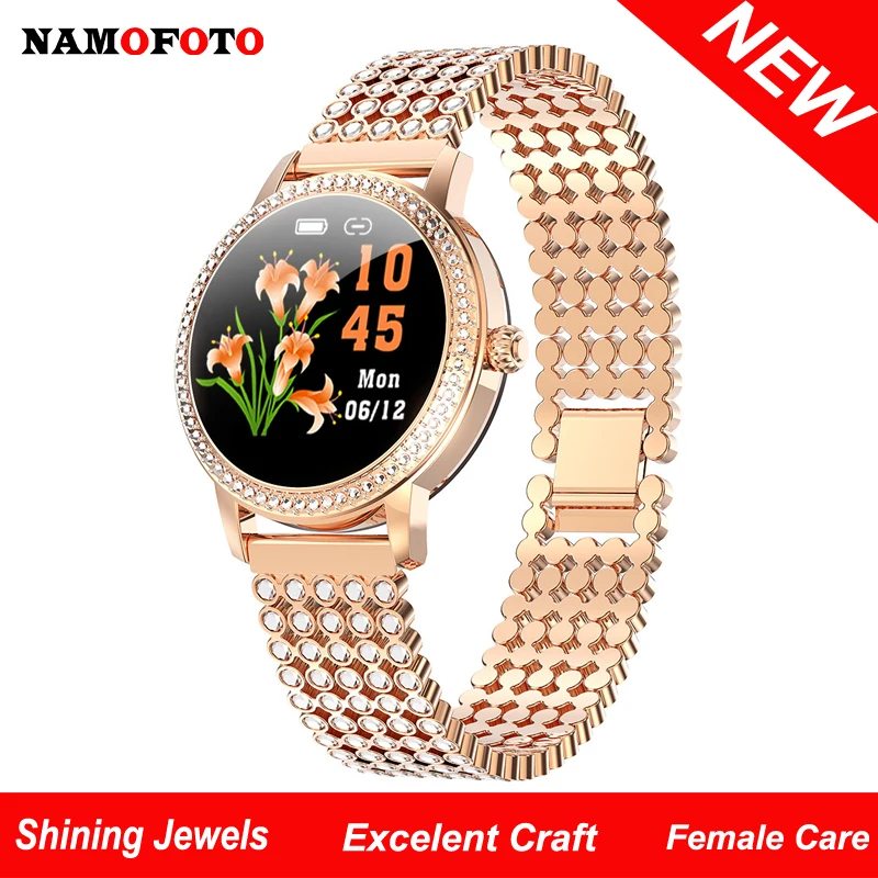 

Female Fashion Smart Watch Women Ladies Care 1.04'' Shining Jewels Stainless Steel Life Waterproof Smartwatch With Sport Tracker