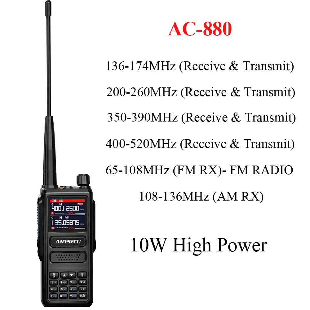 ANYSECU AC-880 Multi-frequency UV Two Way Radio 10W High Power Handheld Transceiver with NOAA Weather Alert