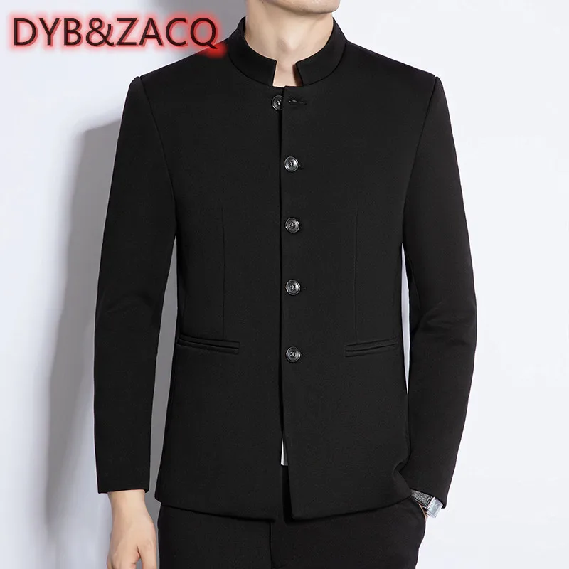 

DYB&ZACQ Mens Black Mandarin Collar Blazer Jackets for Mens Big Size Zhongshan Suits Chinese Fashion Big Size Husband