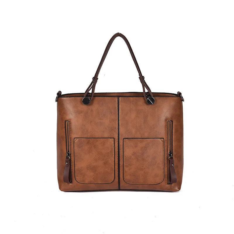 

The new double-pocketed one-shoulder womens bags diagonal cross-tote bag fashionable vintage PU oil leather shoulder bag