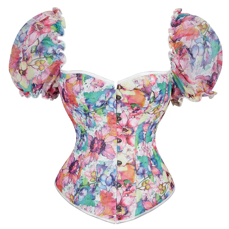 

Women Waist Protection Body Shaping Corsets Flowers Print Tummy Gathered Sexy V-neck Backless Female Sweet Lace-up Bustier 2023