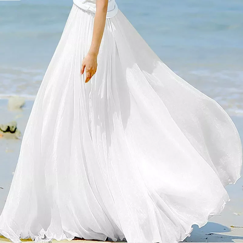 

Women Chiffon Long Skirts High Waist Floor Length Ruffles White Summer Boho Maxi Skirt Saia Longa Faldas