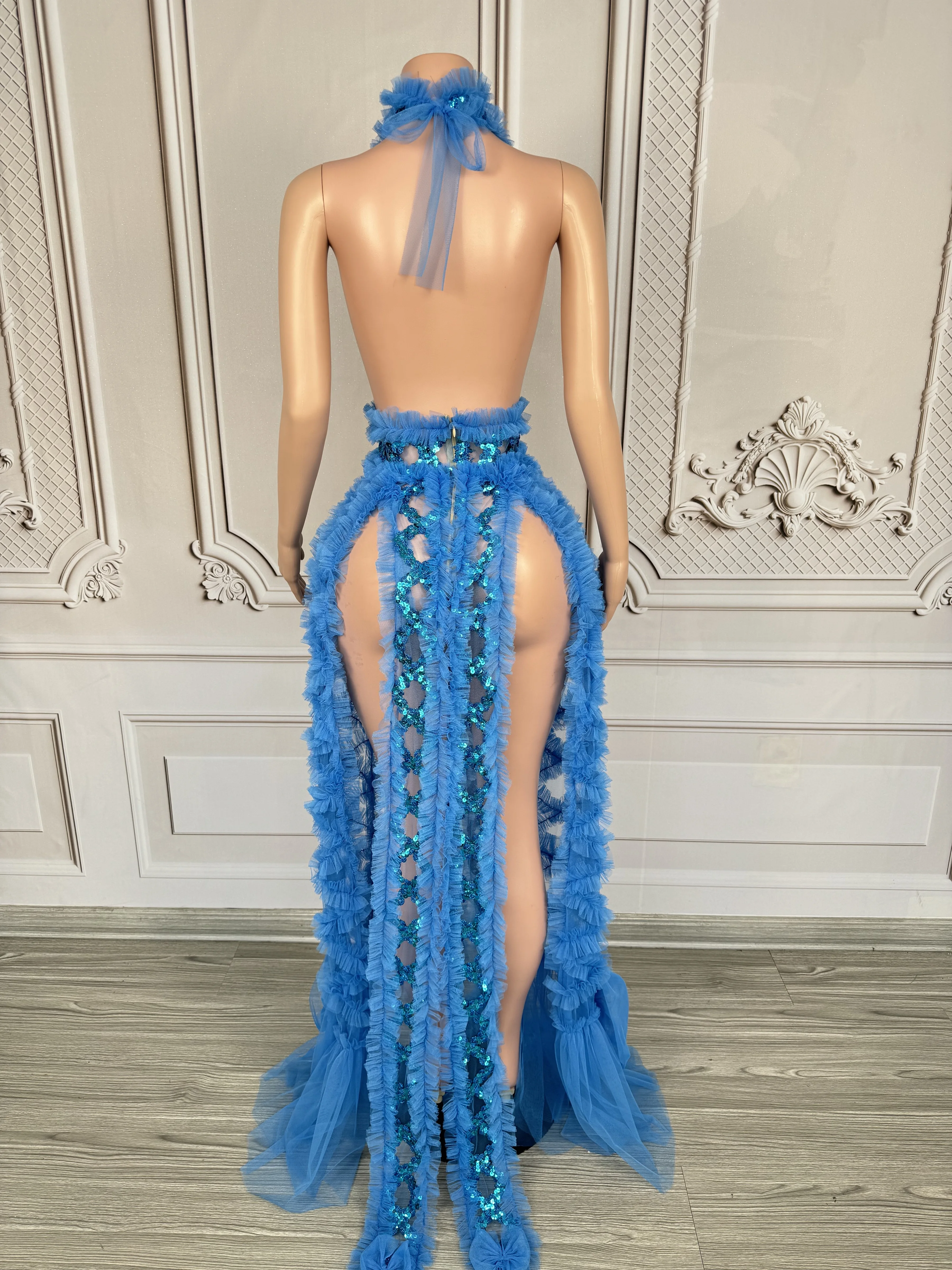 Сексуальное синее сетчатое платье с вырезами и блестками для вечеринки дня