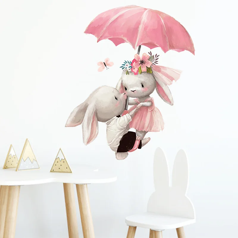 

Watercolor Bunny Rabbit Couple Wall Stickers with Umbrella Vinyl Wall Decal Bumper Sticker for Kids Bedroom Nursery Playroom
