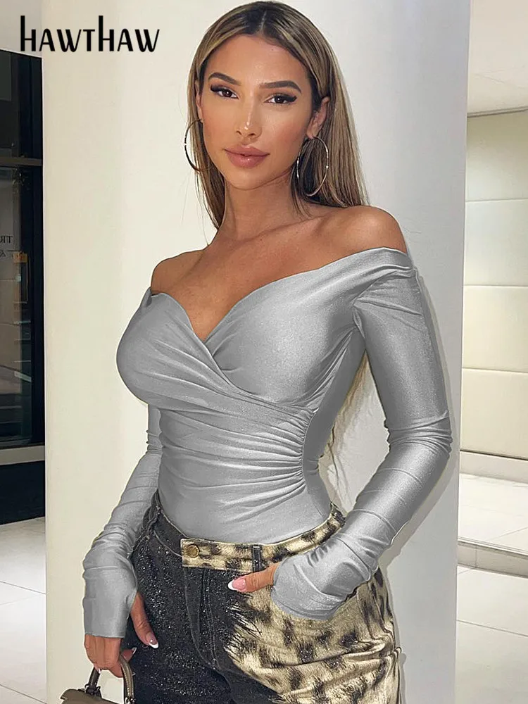 

Hawthaw Women 2023 Autumn Winter Fashion Long Sleeve Streetwear Party Club Crop Tops T Shirts Tees Wholesale Items For Business