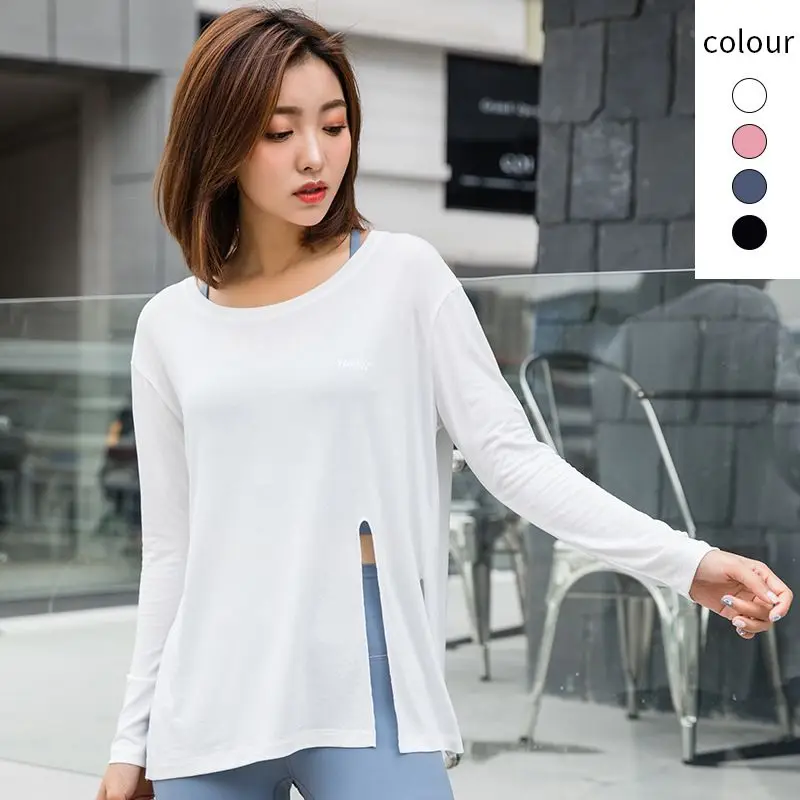 

Новинка осенний спортивный топ с длинными рукавами Свободная Женская футболка для тренажерного зала быстросохнущая футболка с разрезом на...