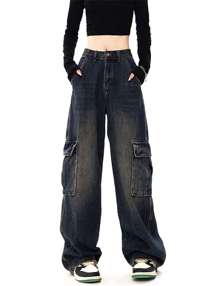 

Брюки-карго женские с завышенной талией, прямые повседневные свободные джинсовые брюки с широкими штанинами, на пуговицах, уличная мода, темно-синие, 2022
