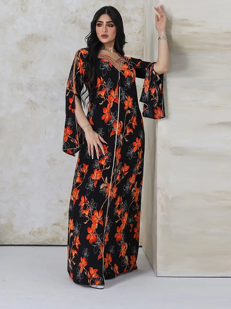 Diamonds Abaya Arabian Evening Dress for Women Floral Printed Tassel Ramadan Muslim Party Long Dress Gulf Jalabiya Dubai Abayas
