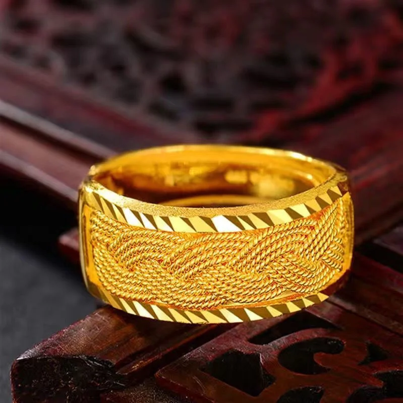 Macau 1000 foot 24K real Copy 100% Real Gold 24k 999 ring men's and women's car flower silk Fried Dough Twists adjustable lovers images - 6