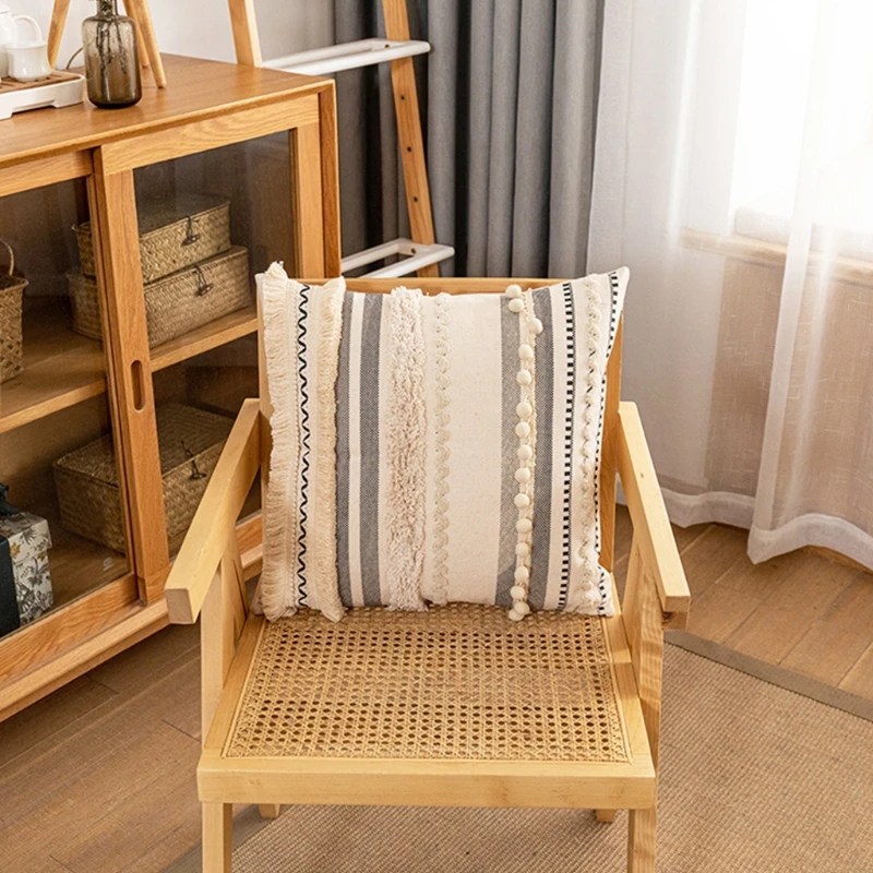 

Moroccan Tufted Embroidery Lumbar Pillow Bohemian Tassel Pom Poms Geometric Striped Decorative Cushion Cover