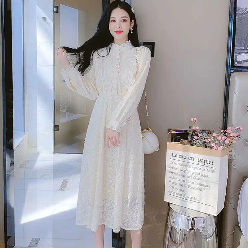 

Midi Dress Women Embroidery Luxury Hollow Out Vintage Elegant Long Sleeve Vestidos A-Line Party Lace Dresses Spring Vestido E323