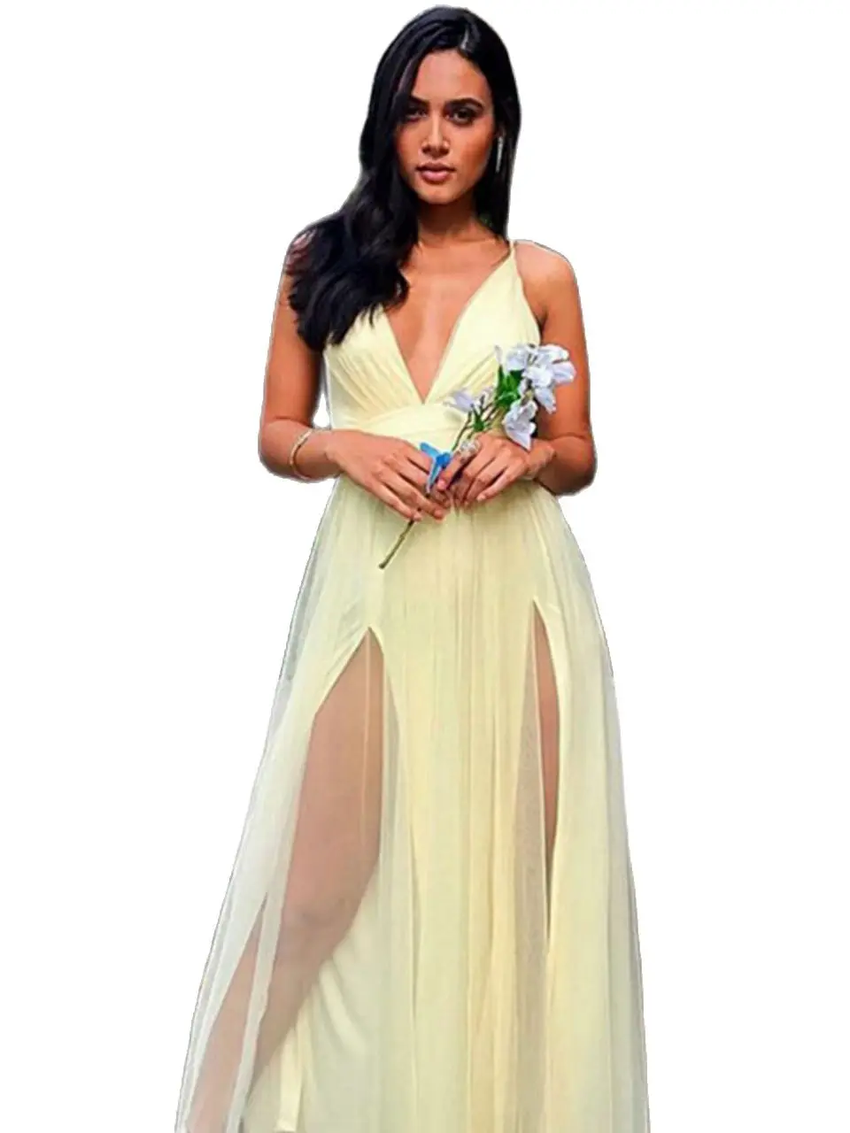 

Женское длинное вечернее платье, желтое элегантное вечернее платье с V-образным вырезом, без рукавов, из тюля, 2020