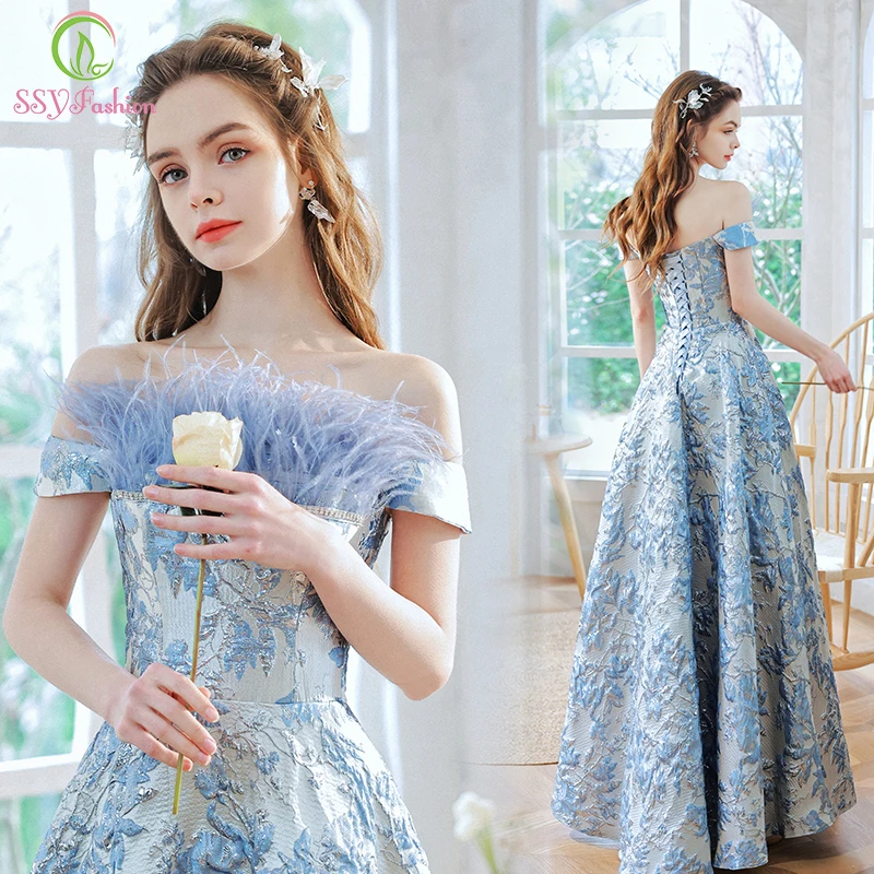 

Женское вечернее платье до пола SSYFashion, роскошное голубое платье-трапеция с вырезом лодочкой, бусинами и перьями, бальное платье для вечеринки