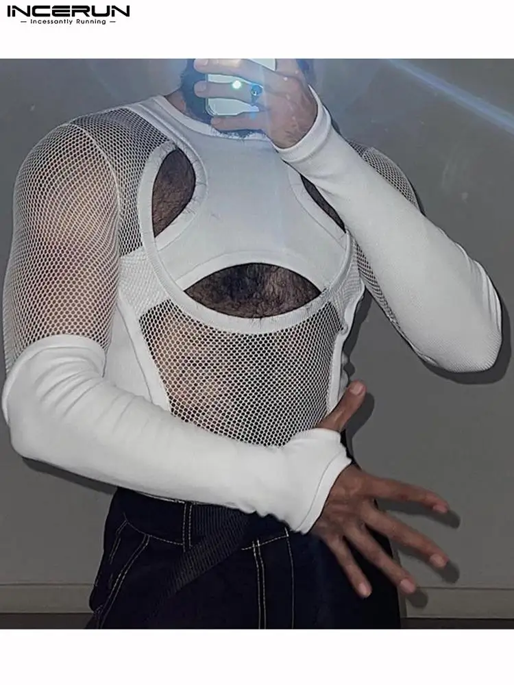 

INCERUN Men T Shirt Mesh Patchwork O-neck Long Sleeve Streetwear Sexy Tee Tops See Through Hollow Out Party Nightclub Camisetas