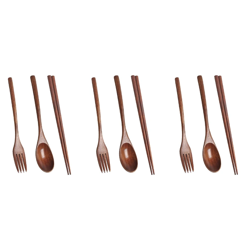 

3X Wooden Cutlery Set Portable Eco Friendly Reusable Flatware Utensils Set Spoon Fork Chopsticks