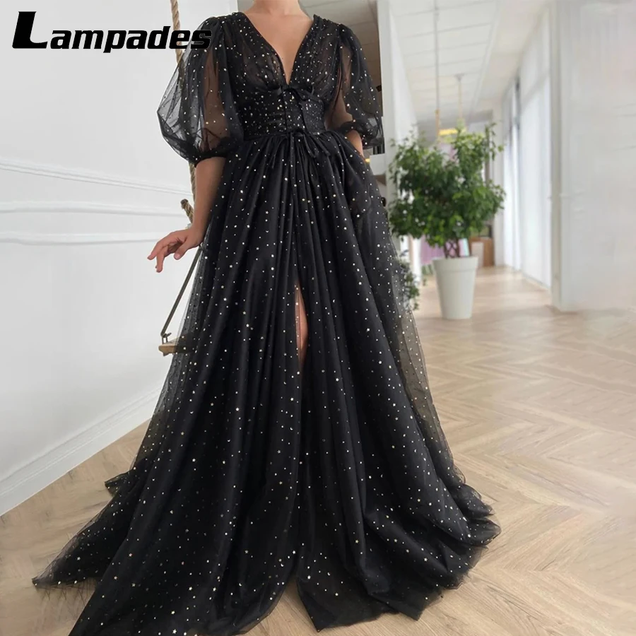 

V-neckline Decorative Bow Black Starry Tulle Long Prom Dress With Side Pockets Half Puffy Sleeves Evening Gowns Robe De Mariée