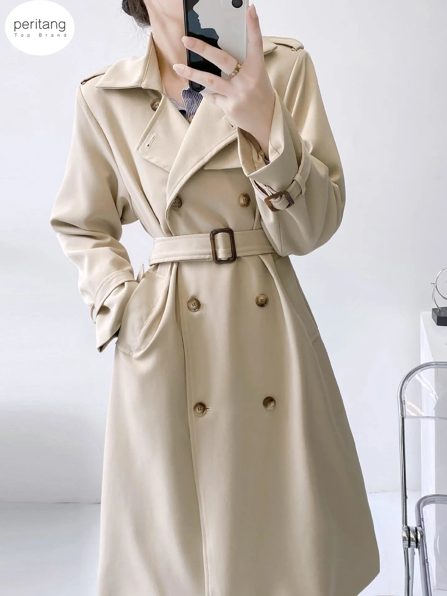 

Женский двубортный длинный Тренч, классическое ветрозащитное пальто с отложным воротником и длинным рукавом и поясом, Новинка