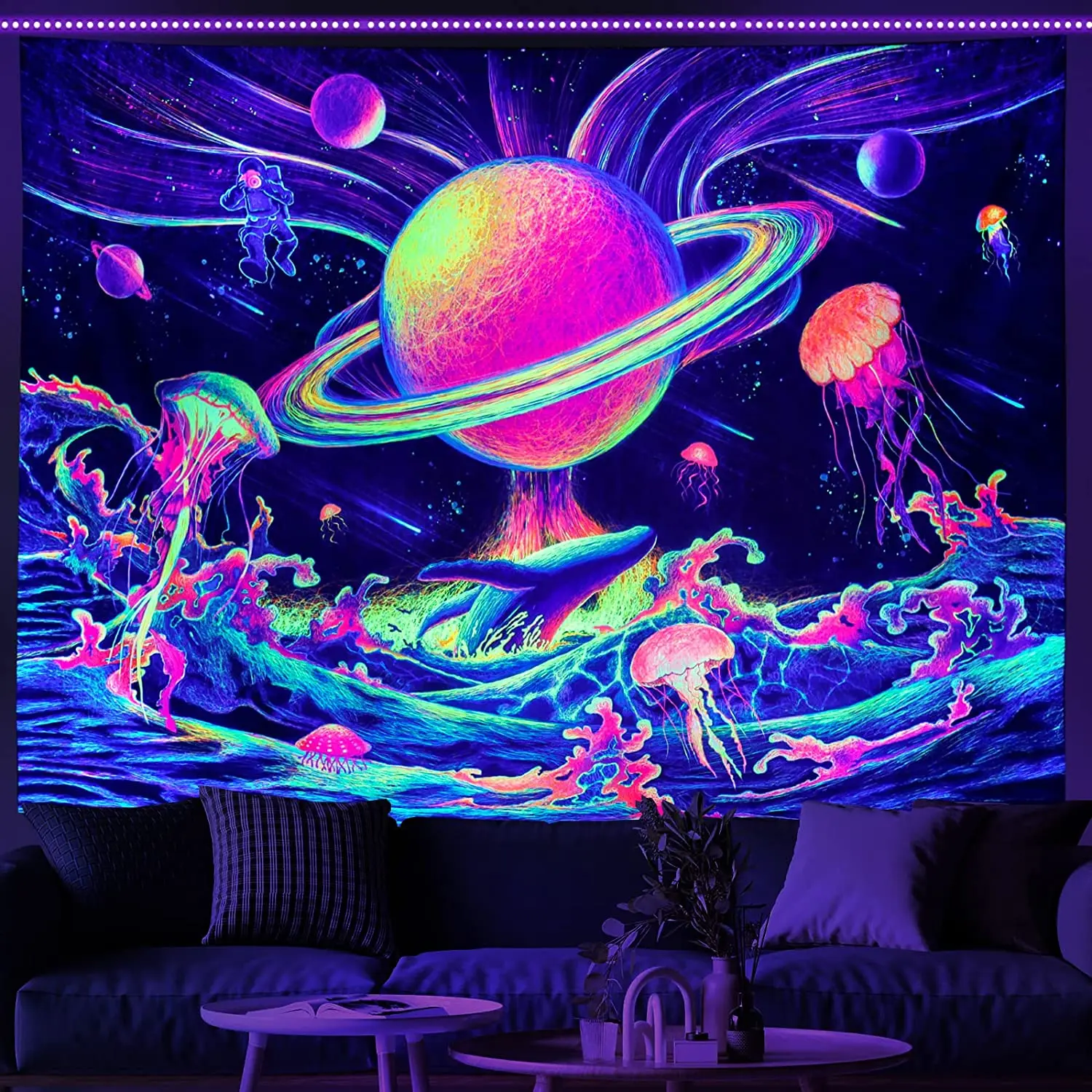 

Blacklight Planet Galaxy Tapestry Trippy Jellyfish UV Reactive Ocean Wave Wall Hanging Universe Room Bedroom Decoration Decor