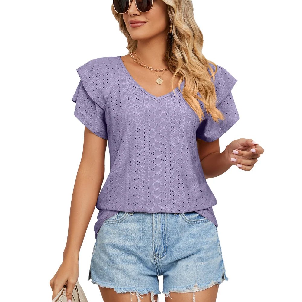 

2023 Spring Summer Loose Short-sleeved T-shirt with Double-layer Sleeves In Solid Color and V-neck for Women tops