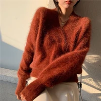luxury mink cashmere sweaters y2k women v neck pullovers sweet elegant winter soft mohair knitted loose sweaters white christmas